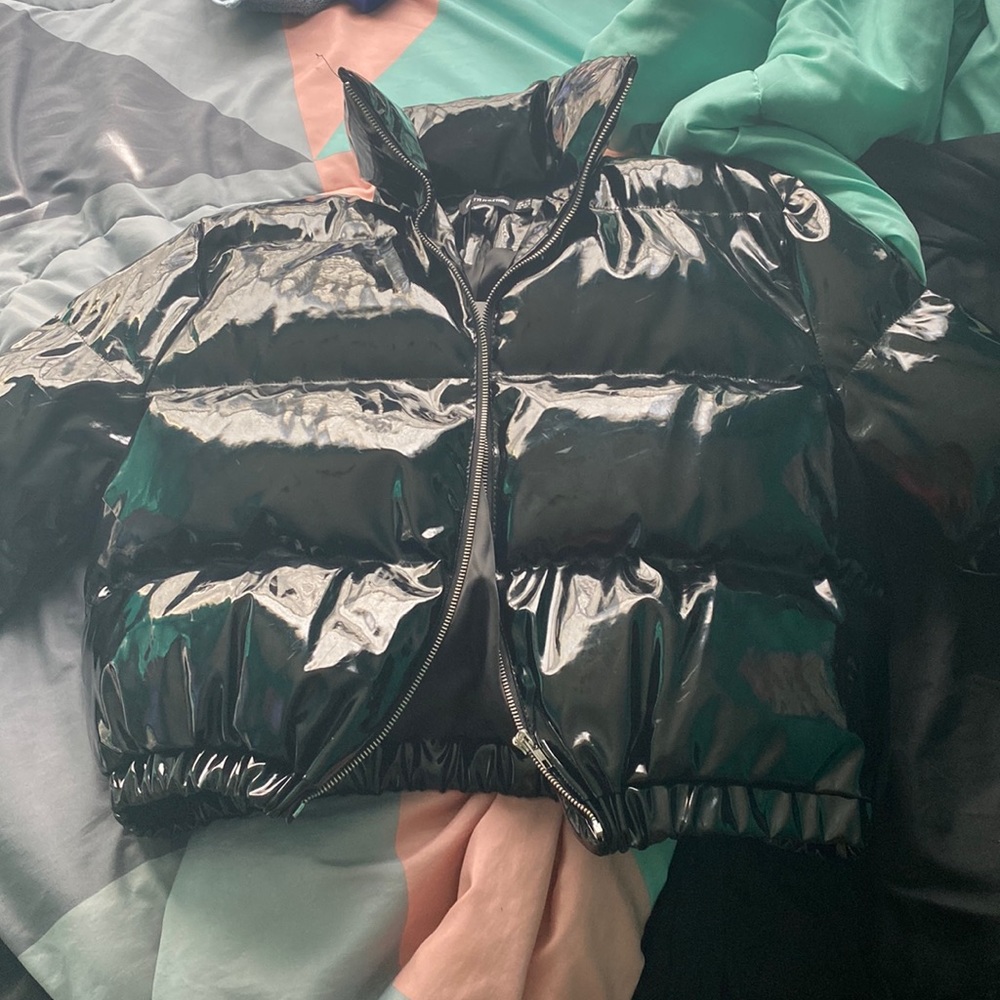 Black glossy puffer coat